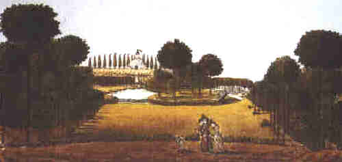 Garzau, "herrlicher Anblick des reizenden Landschaftsgemäldes" vom Wohnhaus über See, Inseln mit Gedenkurne zur Pyramide der Dankbarkeit und des Todes, etwa 1789