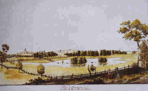 Garzau, Blick auf Großen Haussee (mit zwei Inseln) und Pyramide von Südost, etwa 1789