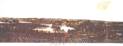 Garzau, Blick von der Pyramide auf Schloß, Dorf und Kleinen Haussee (mit Inselgruppe), 1787