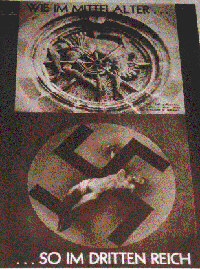 Wie im Mittelalter ... so im dritten Reich, John Heartfield, oben: Aufs Rad geflochtener Mann in einer alten Stiftskirche in Tübungen